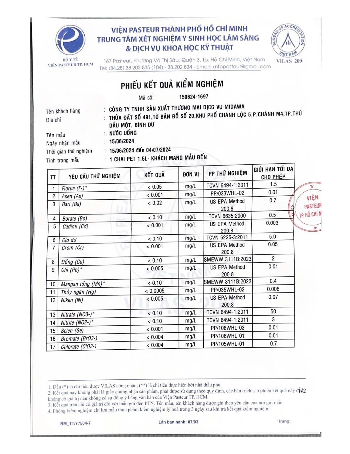 Phiếu kiểm nghiệm hóa sinh