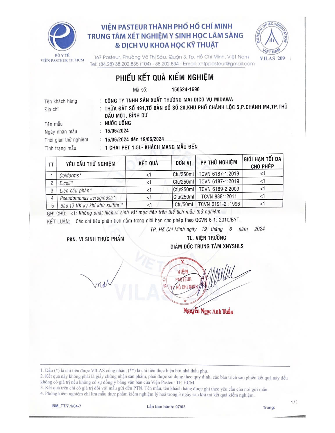 Phiếu kiểm nghiệm vi sinh